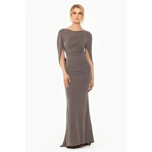 BETSY ADAM Jenna Long Metallic Draped Cowl Back Gown in Taupe/Silver Size US 10 - Picture 12 of 13